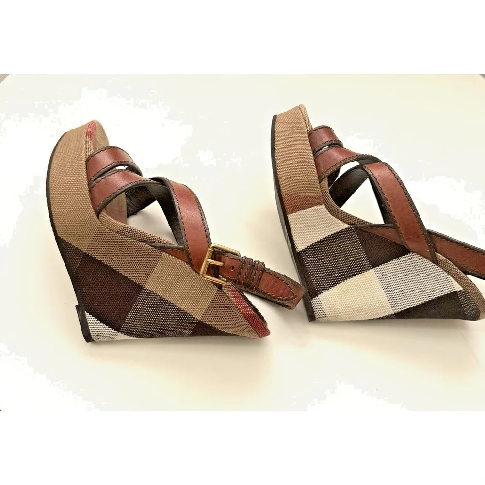 Burberry Brit Canvas Nova Check Warlow 125MM  Woman Wedge Sandals US 7